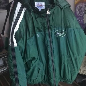 STARTER Green and White Hooded Windbreaker with Jets Logo